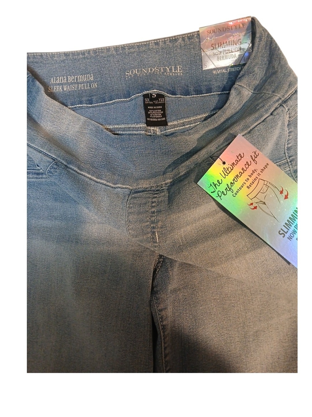 Sound Style -PullOn Bermuda Blue Denim Shorts,Slimming/Stretch,2 Back Pockets, S - Picture 9 of 13